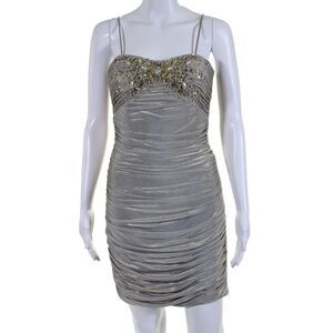 LM Collection Womens Metallic Gray Beaded Ruched Sleeveless Bodycon Dress Size 2